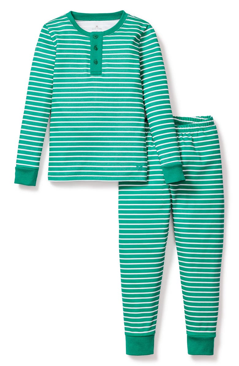 Petite Plume Kids' Stripe Snug Fitted Two-Piece Pima Cotton Pajamas, Main, color, Green