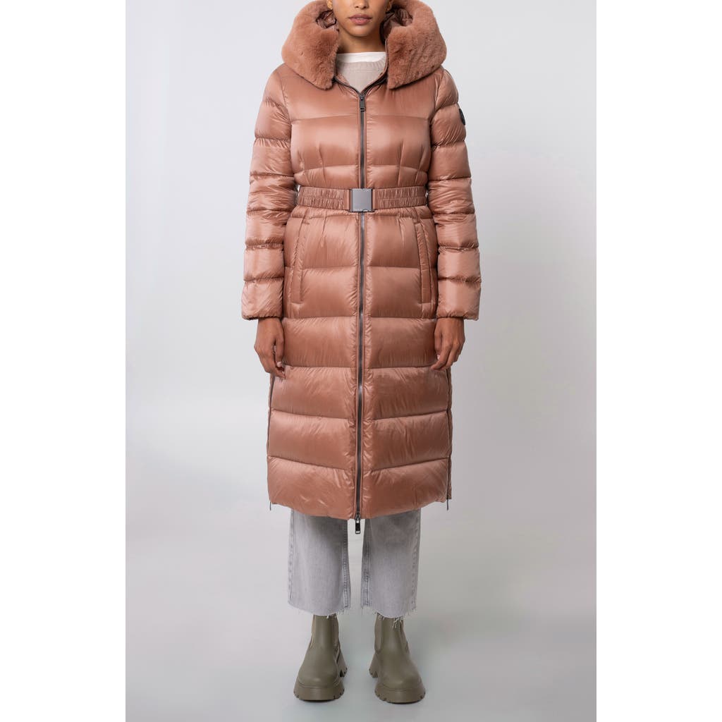 The Recycled Planet Company Lexi Water Resistant Hooded Nylon Down Puffer Coat With Faux Fur Trim In Brown