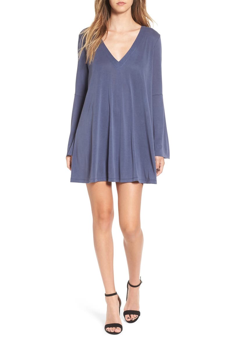 Bell Sleeve V-Neck Knit Dress, Main, color, NAVY