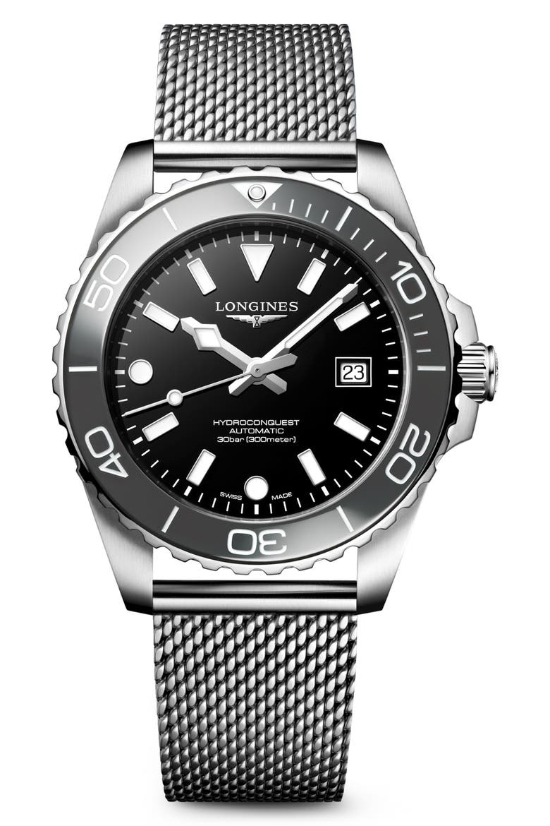 HydroConquest Automatic Mesh Strap Watch, 42mm, Main, color, GREY