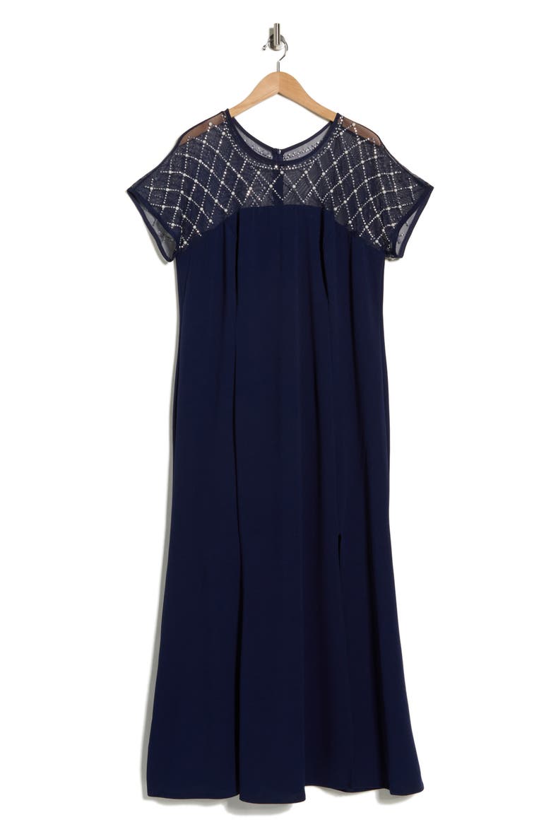 Beaded Sleeve Scuba Crepe Knit Gown, Alternate, color, NAVY