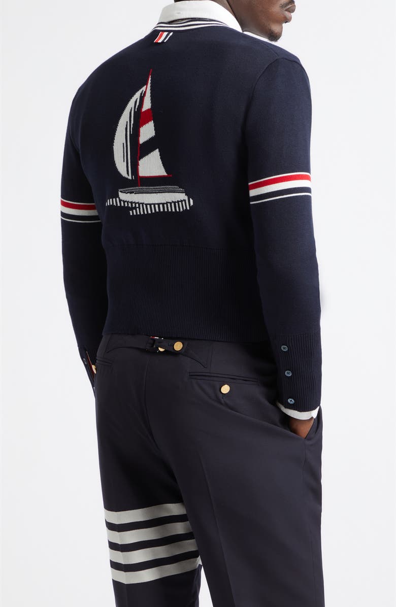 Thom Browne Sailboat Jacquard Cotton Cardigan, Alternate, color, Navy