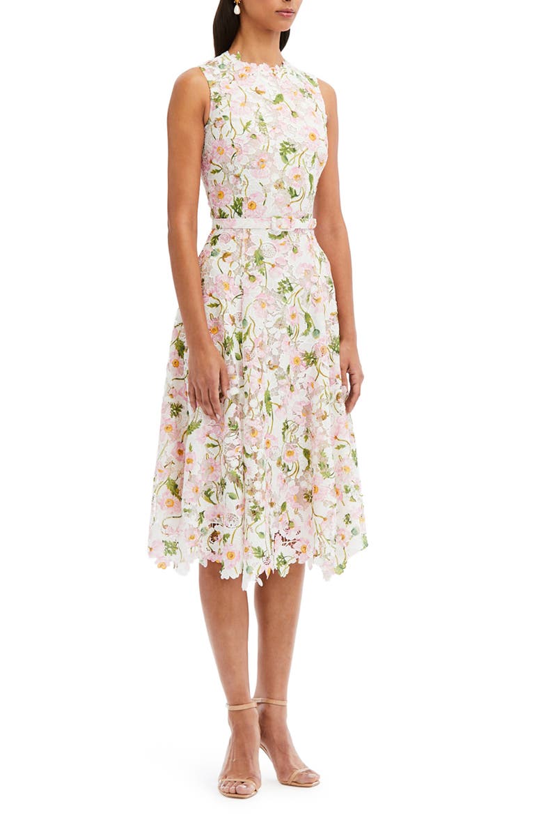 Oscar de la Renta Poppy Print Belted Guipure Lace Midi Dress, Alternate, color,