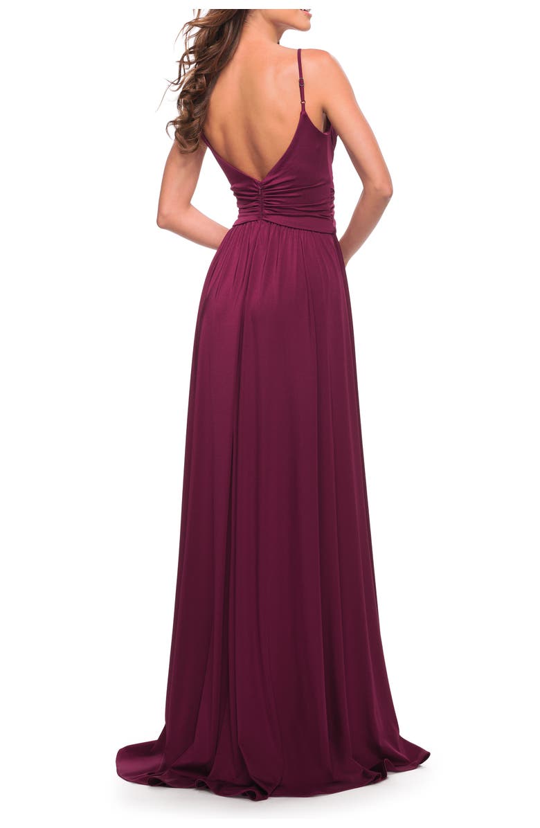 La Femme Elegant Criss-Cross Ruched Bodice Jersey Dress, Alternate, color, Dark Berry