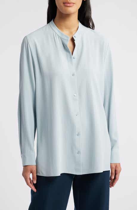 Eileen Fisher Mandarin Collar Silk Button-Up Shirt