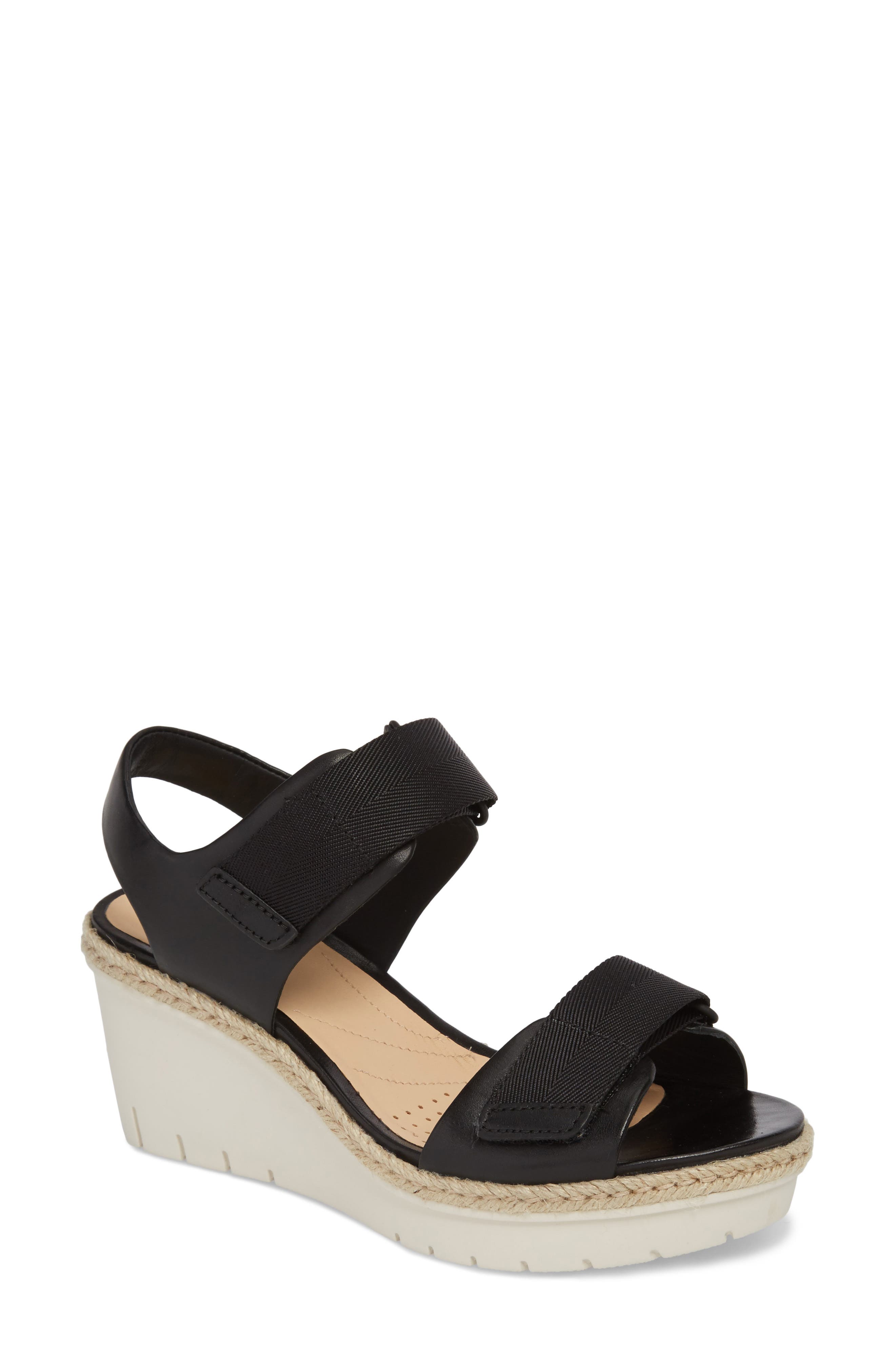 Palm Shine Wedge Sandal, Main, color, BLACK LEATHER