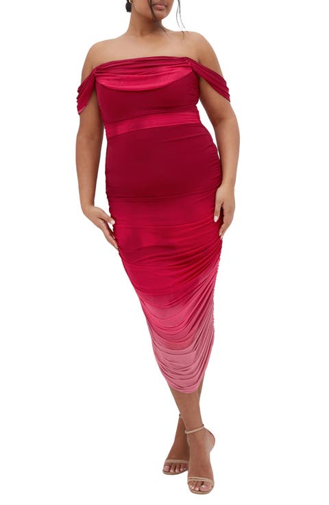 Ombré Ruched Square Neck Cap Sleeve Dress (Plus)