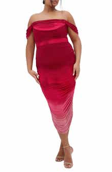 Ombré Ruched Square Neck Cap Sleeve Dress