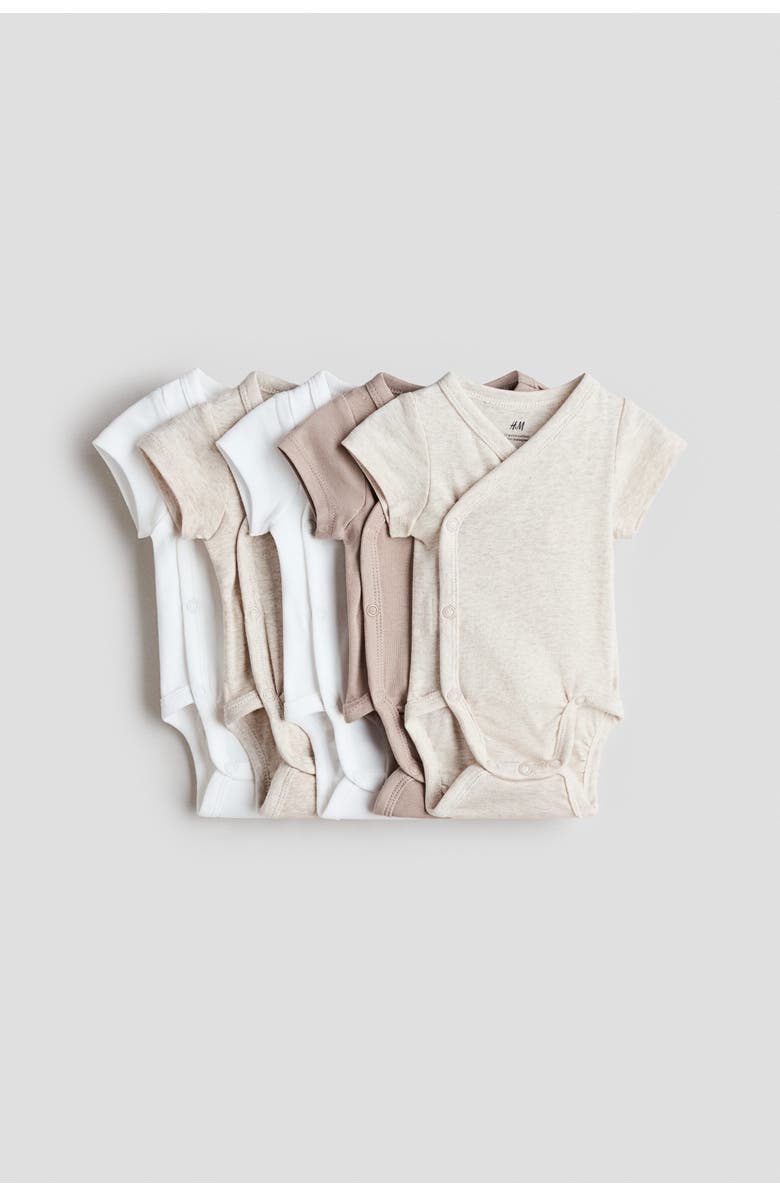 H&M 5-pack cotton bodysuits, Main, color, Beige/White