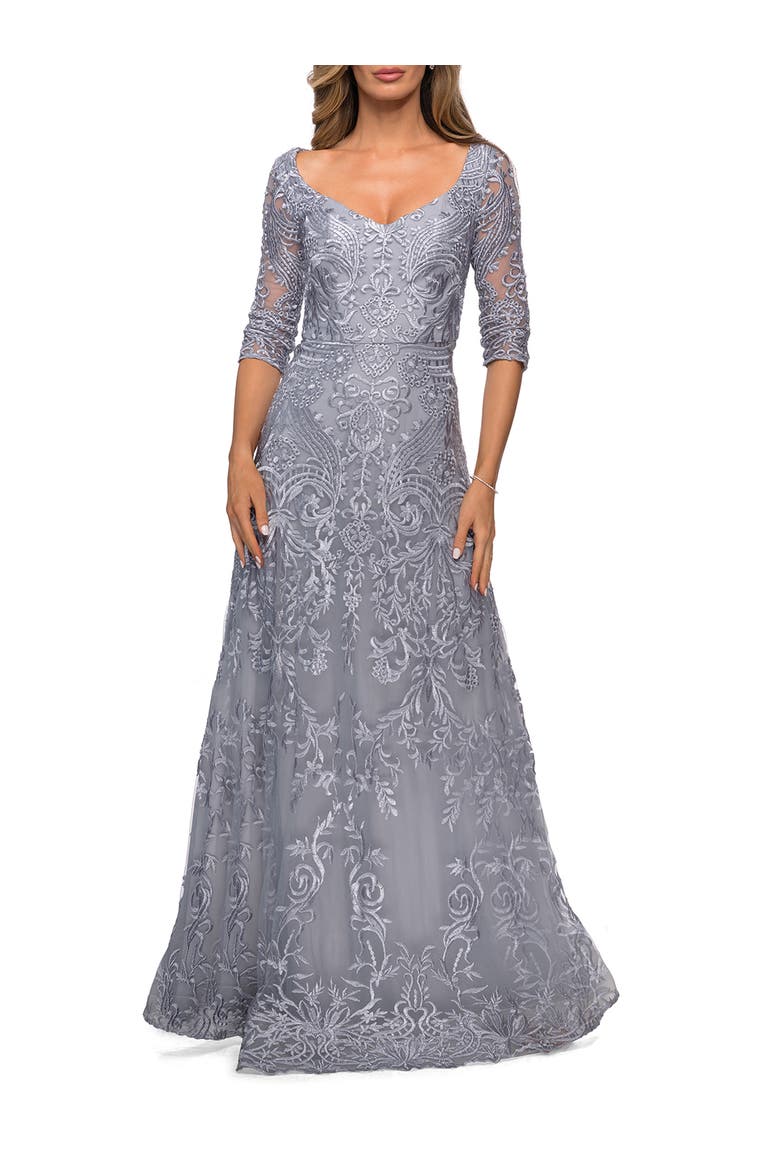 Embroidered Lace Gown with V Neckline and Flare Skirt, Main, color, Silver