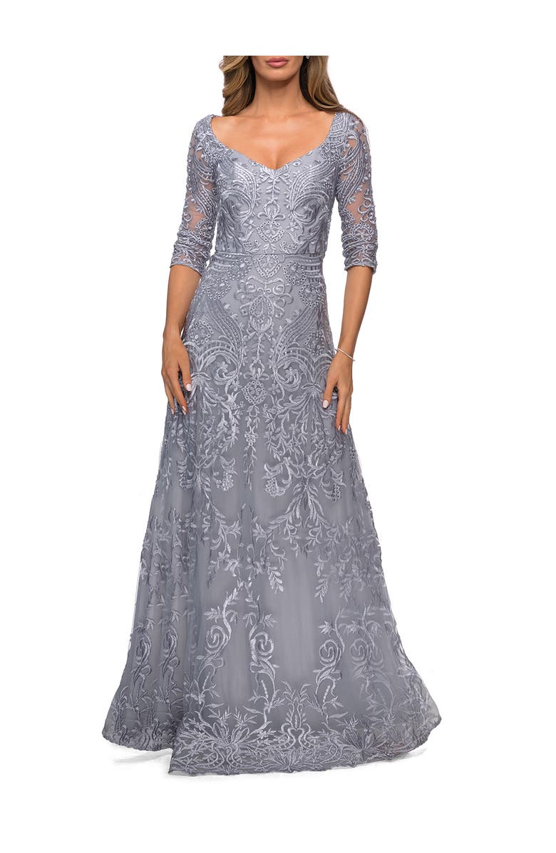 La Femme Embroidered Lace Gown with V Neckline and Flare Skirt, Main, color, Silver