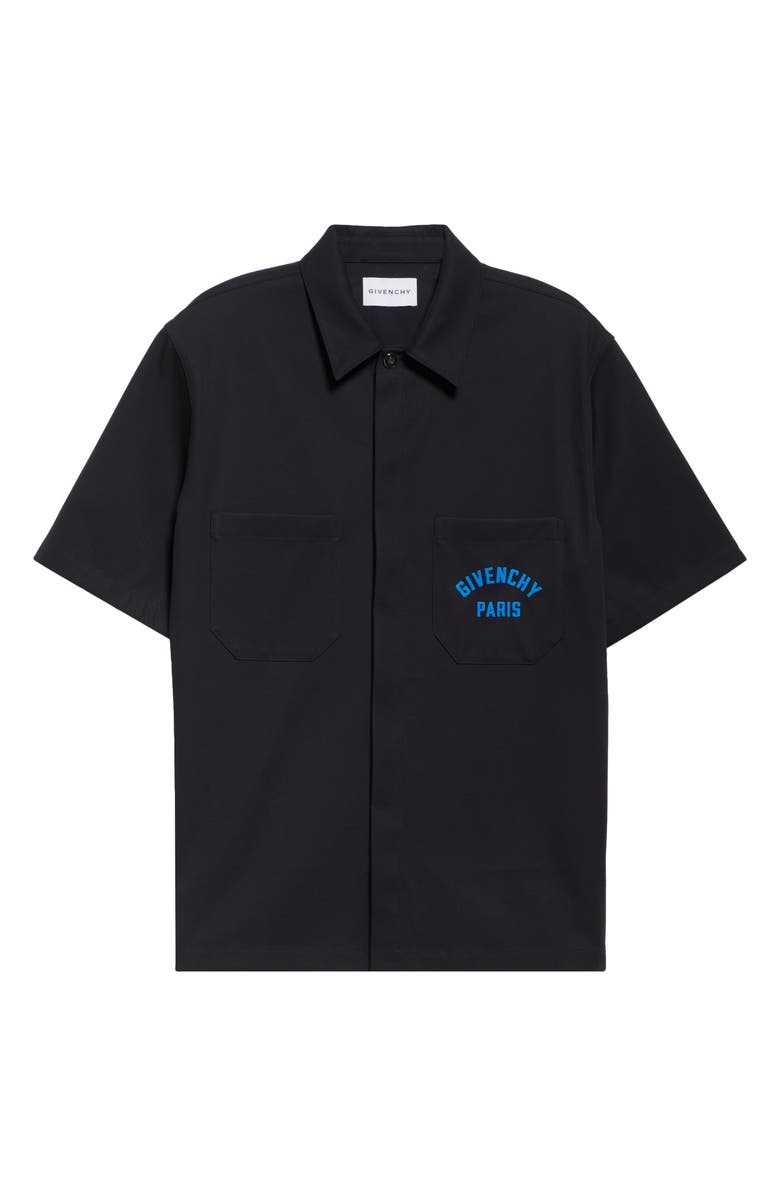 Givenchy Logo Embroidered Short Sleeve Button-Up Shirt, Alternate, color, Dark Blue