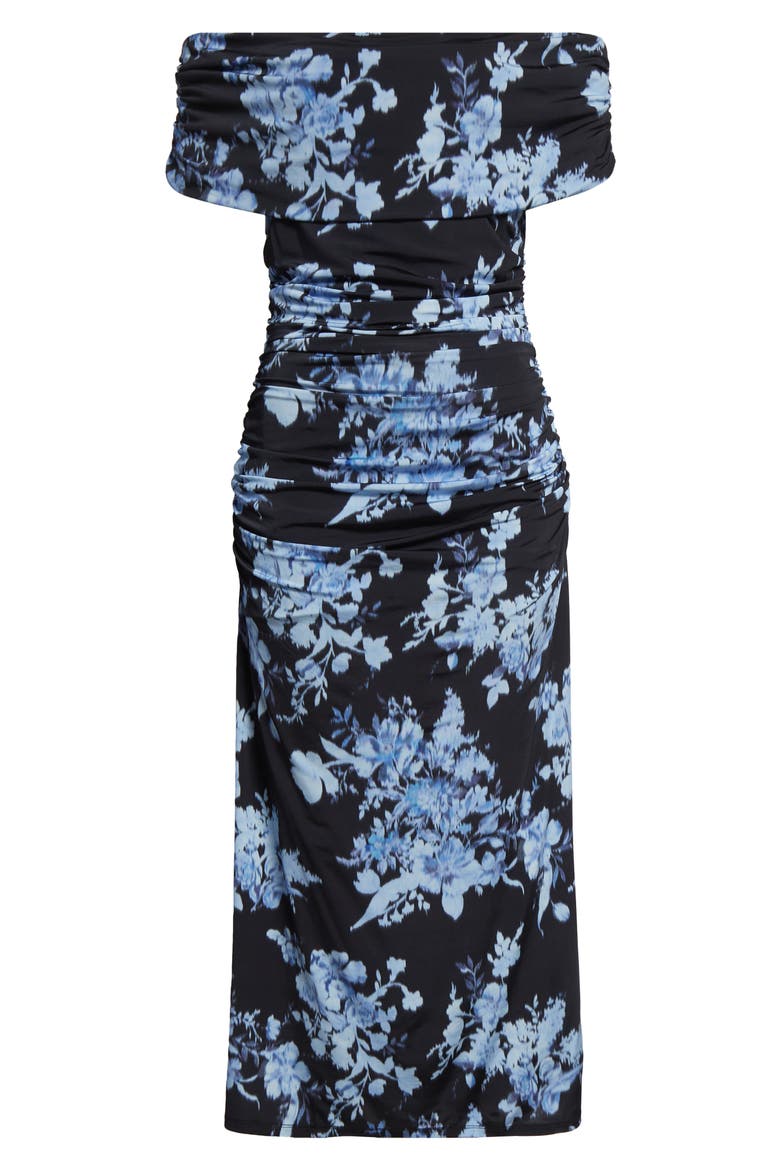Floral Print Ruched Off the Shoulder Jersey Gown, Alternate, color, MIDNIGHT MULTI