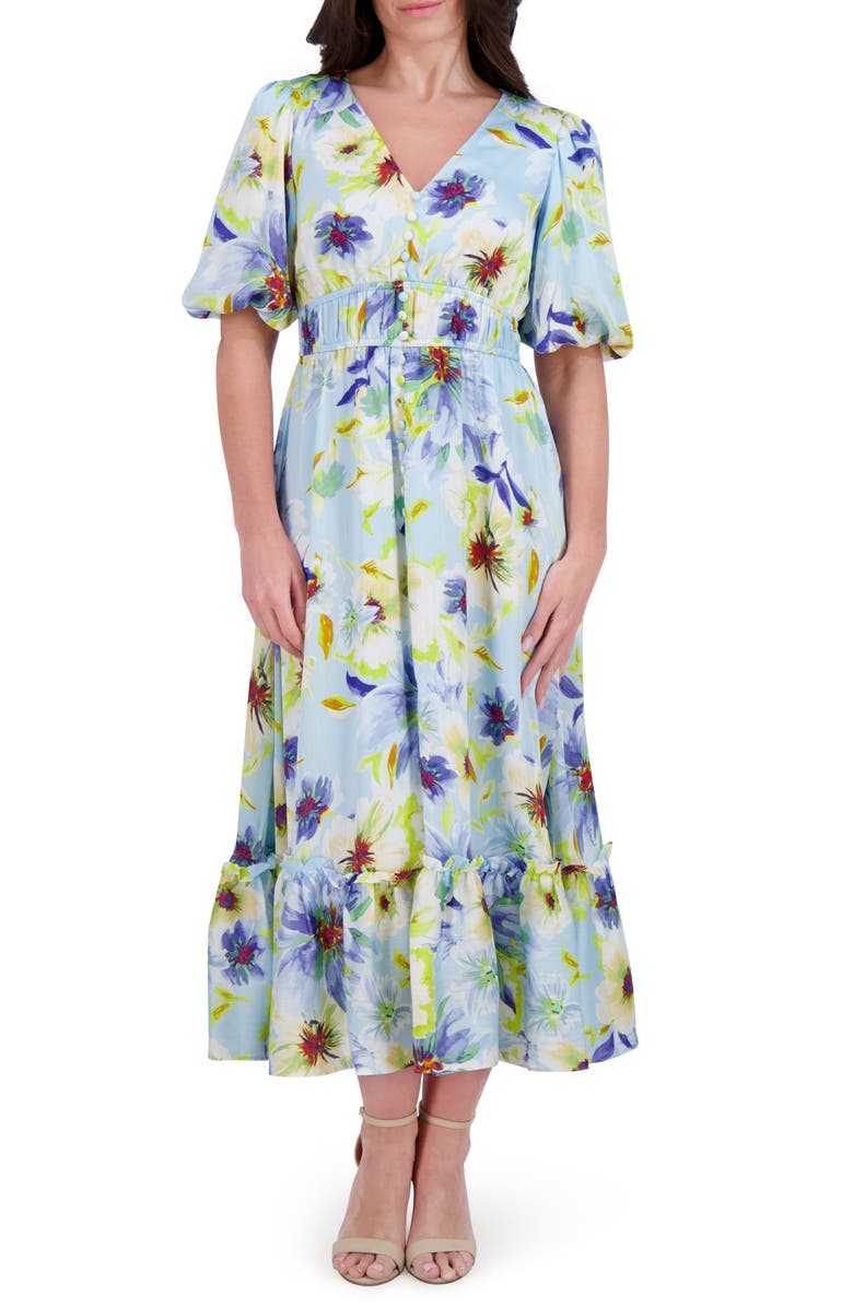 Kensie Puff Sleeve Midi Dress, Main, color, Light Blue Multi