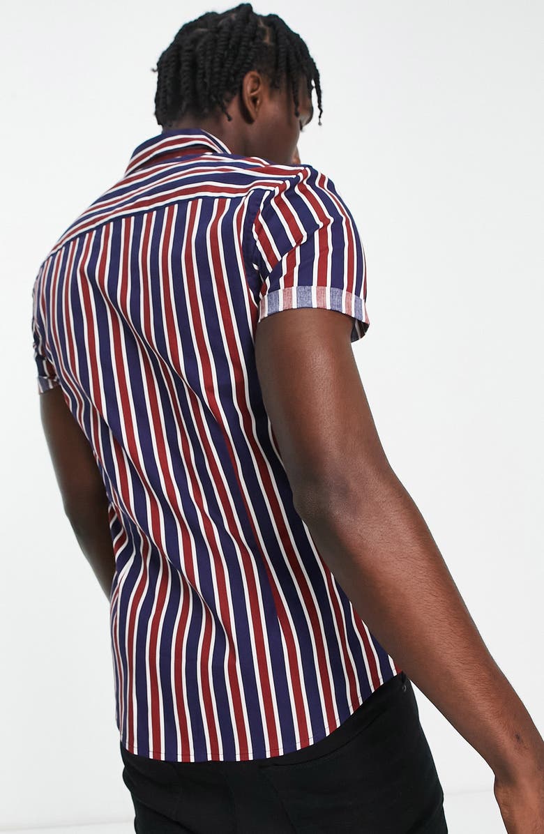 ASOS DESIGN Skinny Fit Stripe Short Sleeve Button-Up Shirt, Alternate, color, 