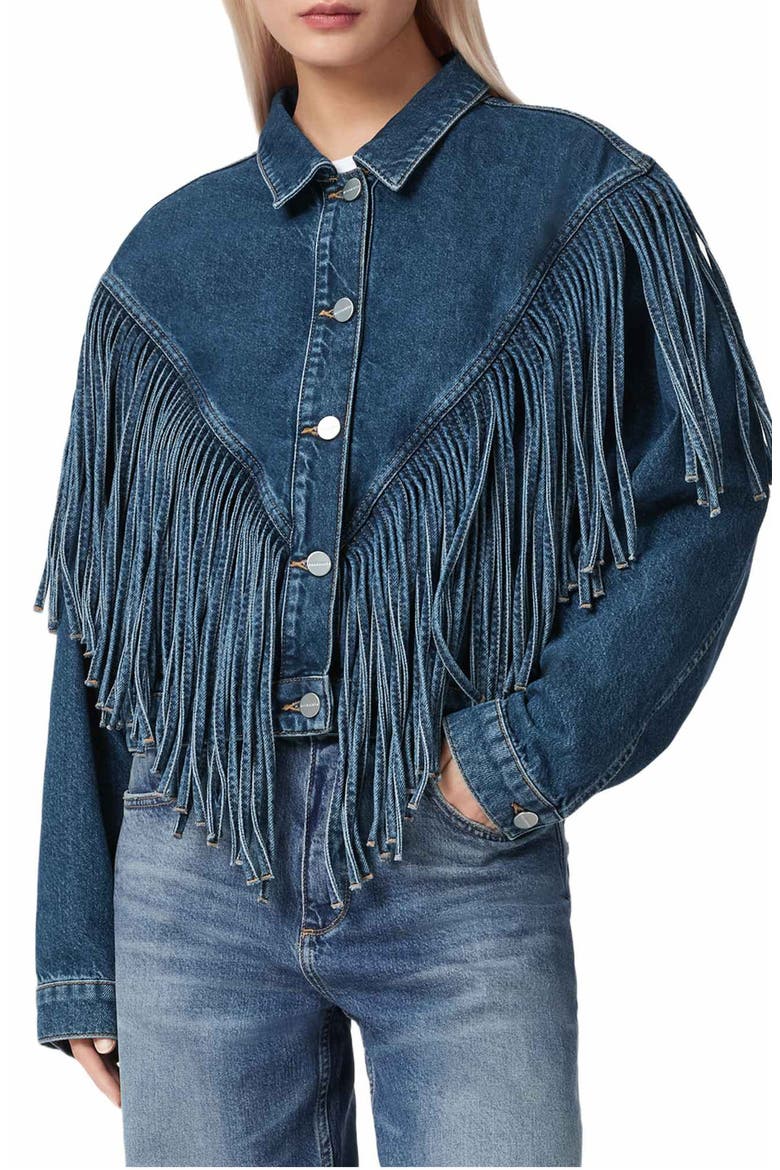 Marlene Fringe Trim Denim Jacket, Main, color, DARK INDIGO