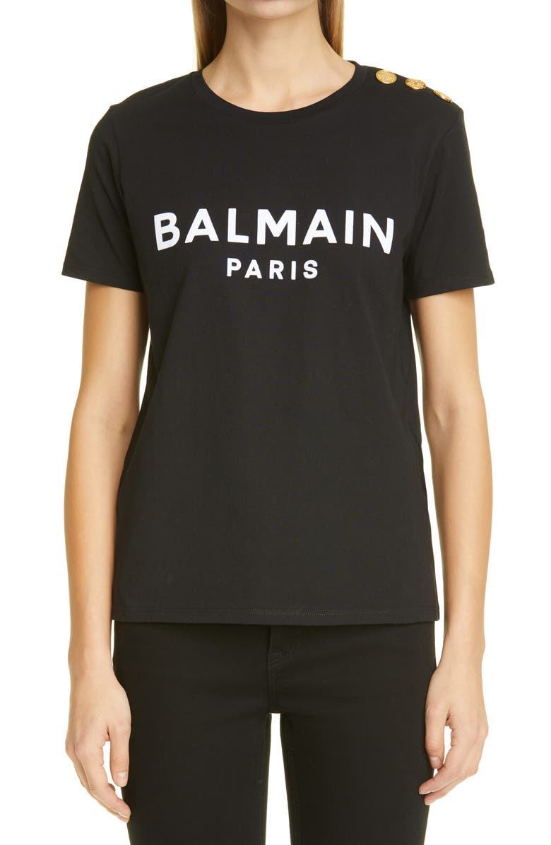 Balmain Button Shoulder Flocked Logo Graphic Tee, Main, color,