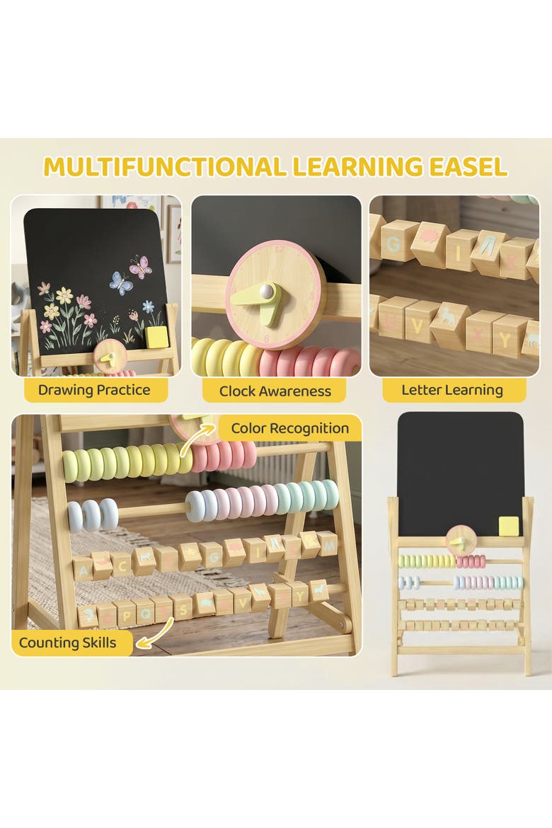 Kids Wooden Art Easel, Double-Sided Chalkboard, Clock & Abacus, Natural, Alternate, color, Natural wood finish
