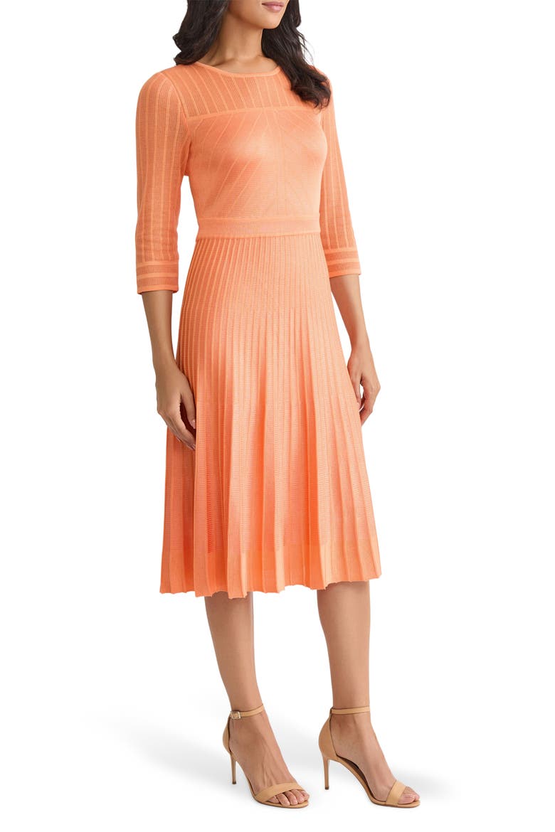 Pleated Geometric Knit Midi Dress, Alternate, color, AMBER GLOW