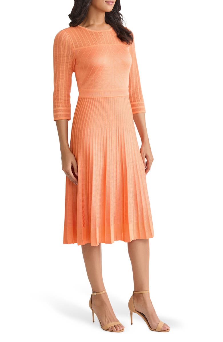 Misook Pleated Geometric Knit Midi Dress, Alternate, color, Amber Glow