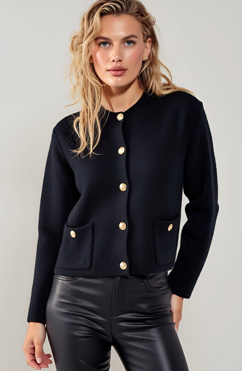 Modenaire Textured Knit Gold Button-Front Patch-Pocket Cardigan, Main, color, Black