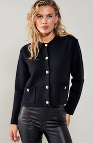 Modenaire Textured Knit Gold Button-Front Patch-Pocket Cardigan