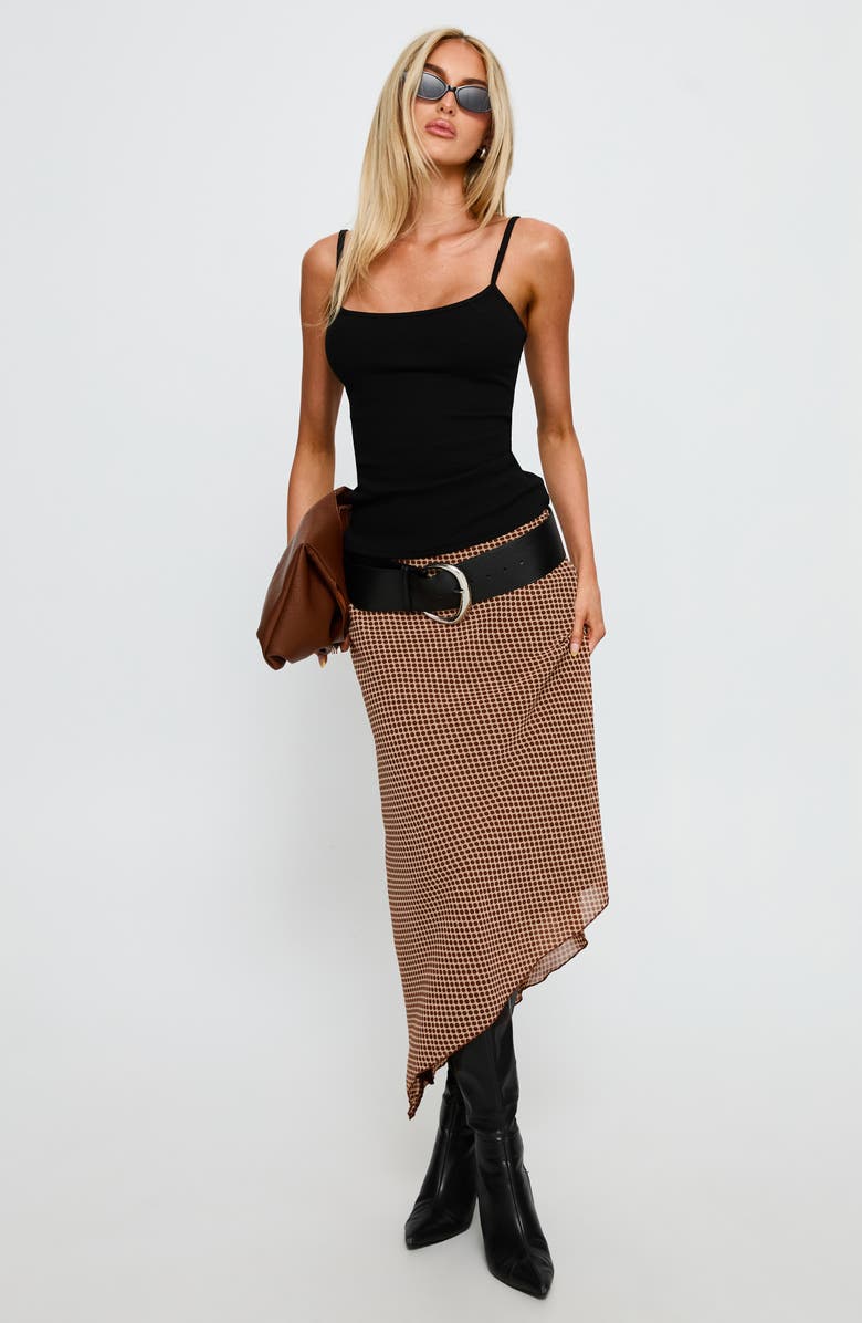 Princess Polly Suella Polka Dot Asymmetric Midi Skirt, Alternate, color, Brown Polka Dot