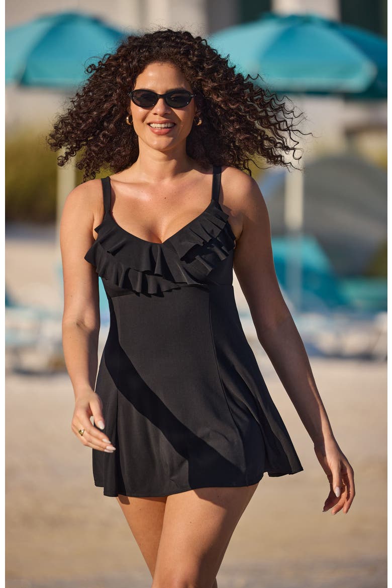 Ruffle Long Torso Swim Dress, Alternate, color, Black