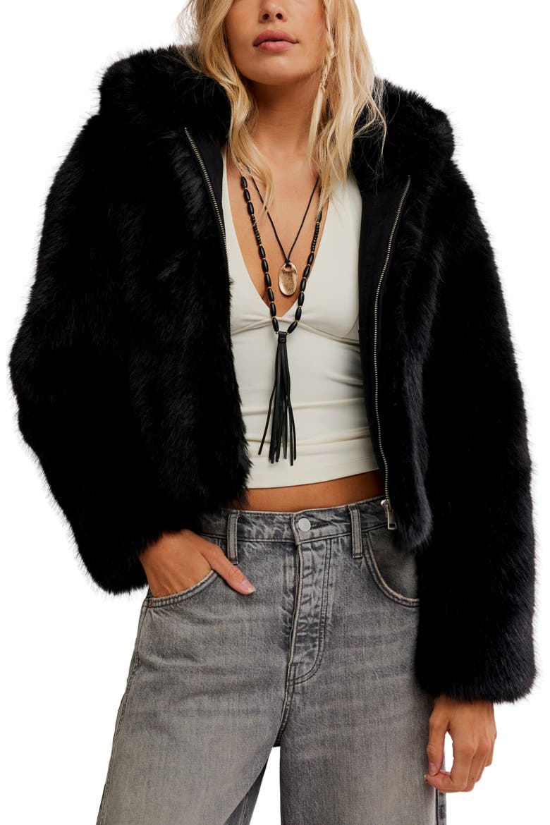 Louder Please Hooded Faux Fur Jacket, Main, color, BLACK