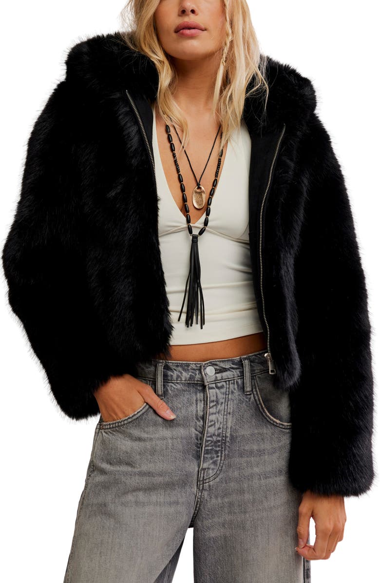 Free People Louder Please Hooded Faux Fur Jacket, Main, color, Black
