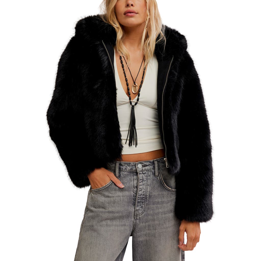 Free People Louder Please Hooded Faux Fur Jacket In Black