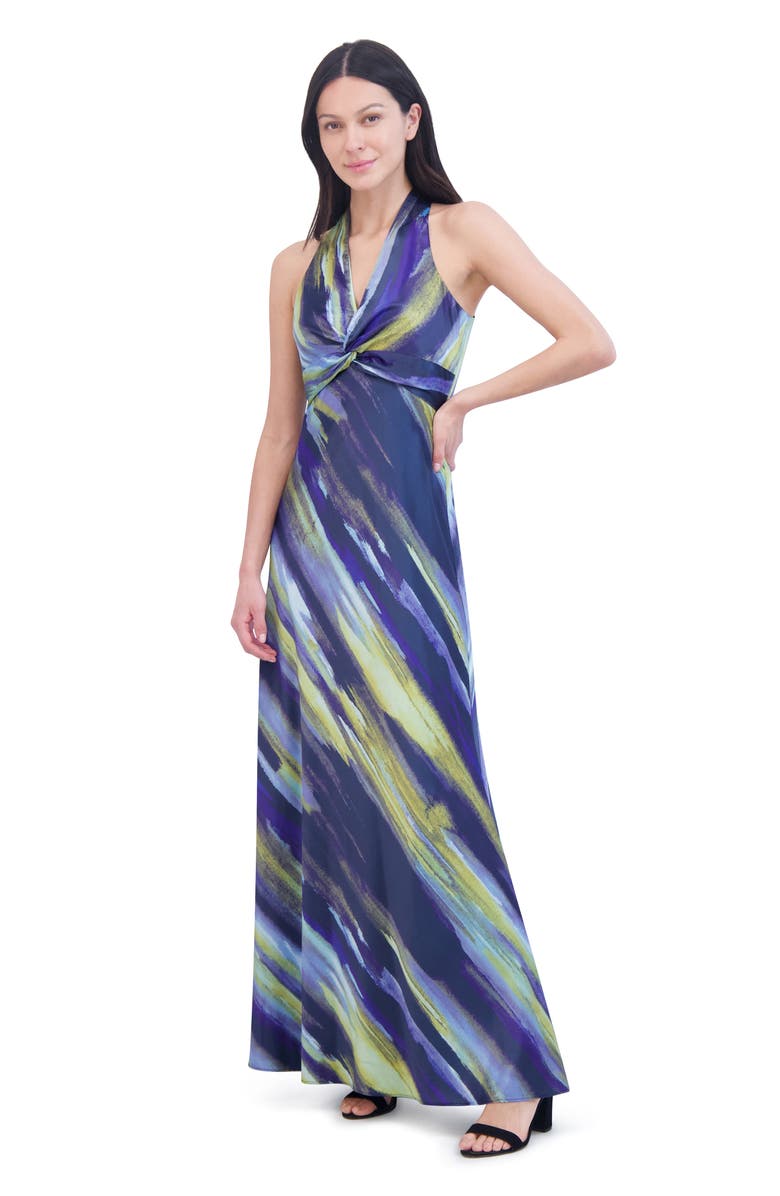 Vince Camuto Abstract Print Knot Front Satin Gown, Alternate, color,