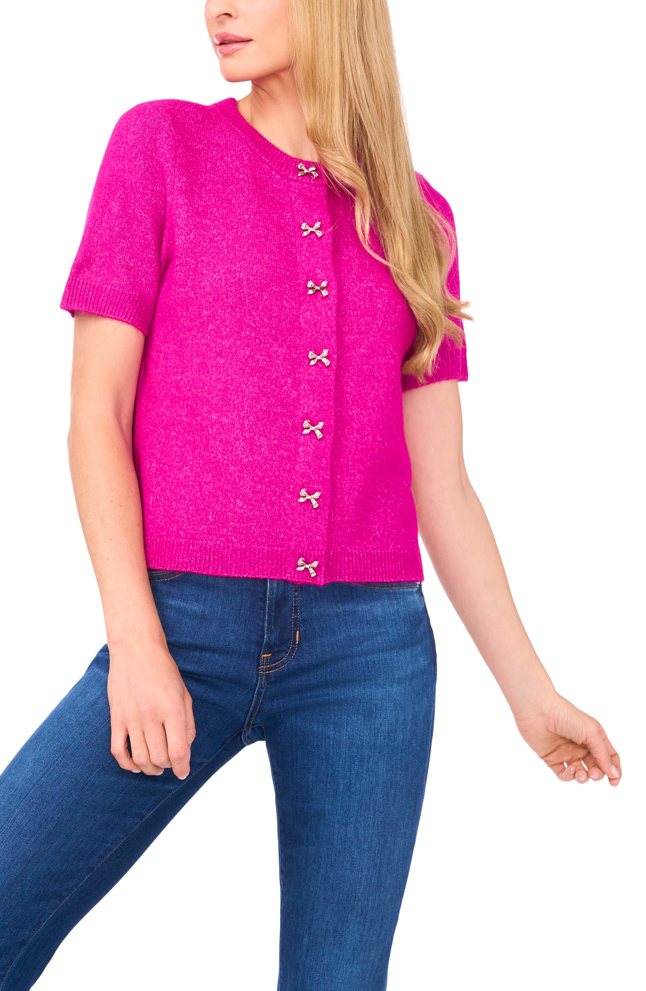 Short Sleeve Bow Button Cardigan - image 3