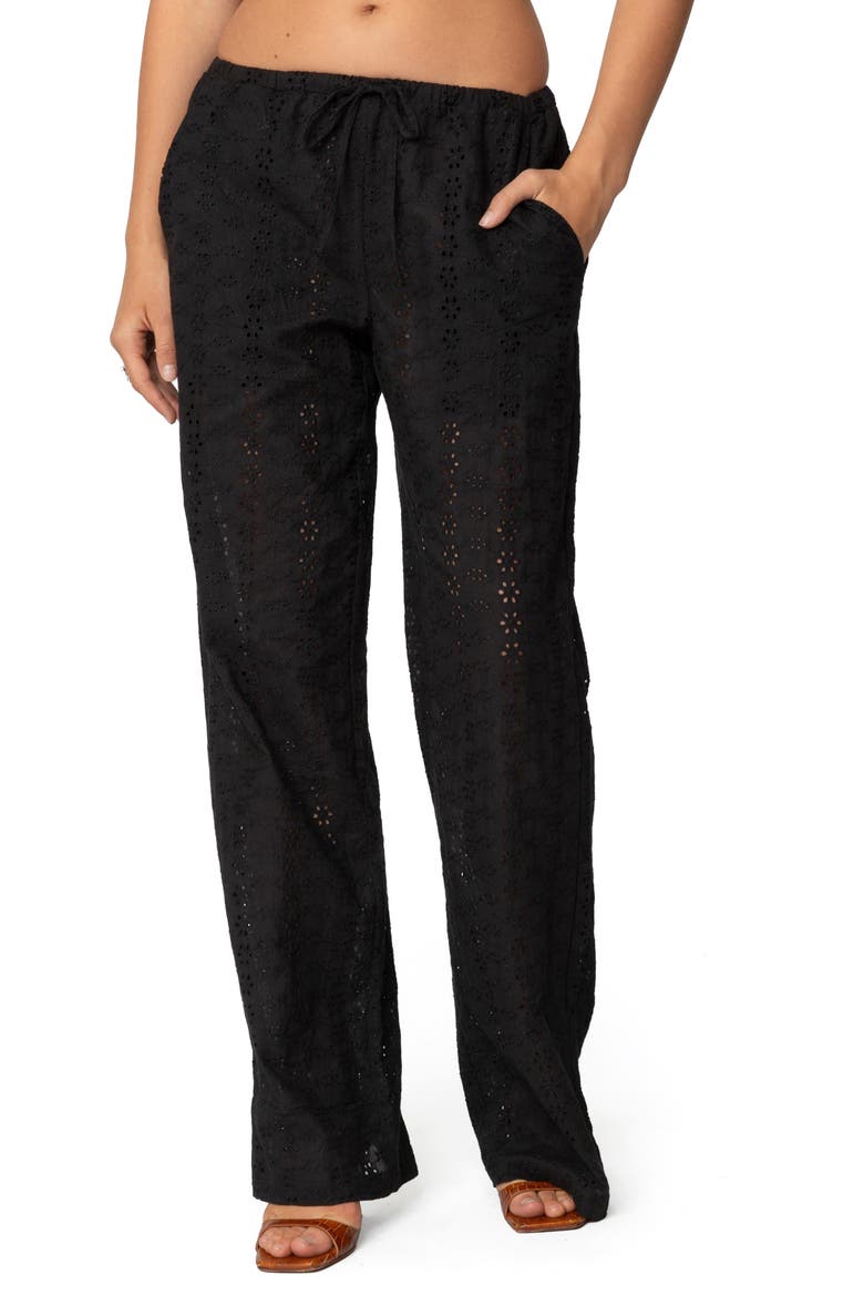 Lemon Eyelet Cotton Drawstring Pants, Main, color, BLACK
