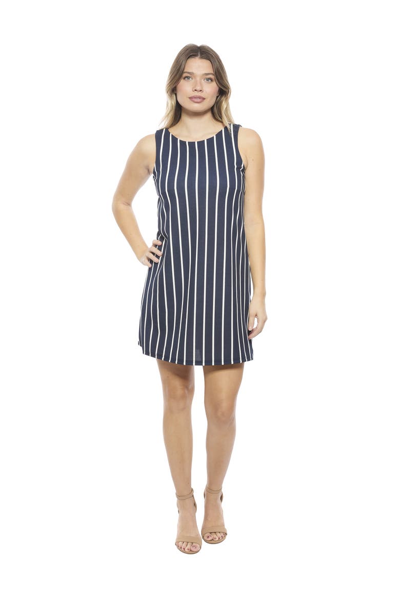 Womens Striped Round Neck Sleeveless A-Line Mini Shift Dress, Main, color, Navy Multi