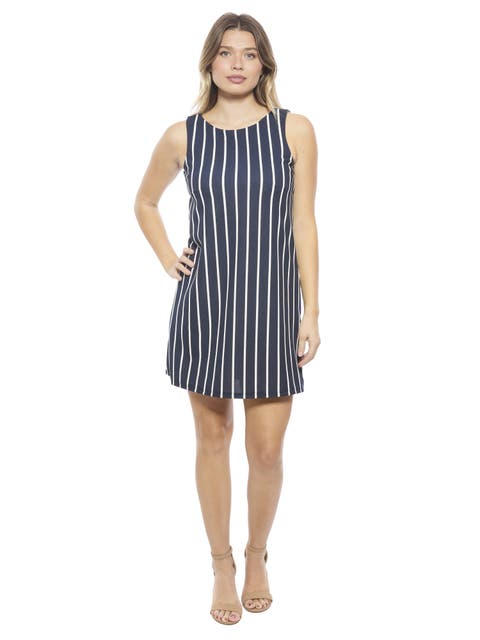 Womens Striped Round Neck Sleeveless A-Line Mini Shift Dress