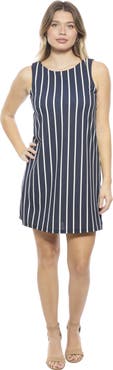 24seven Comfort Apparel Womens Striped Round Neck Sleeveless A-Line Mini Shift Dress