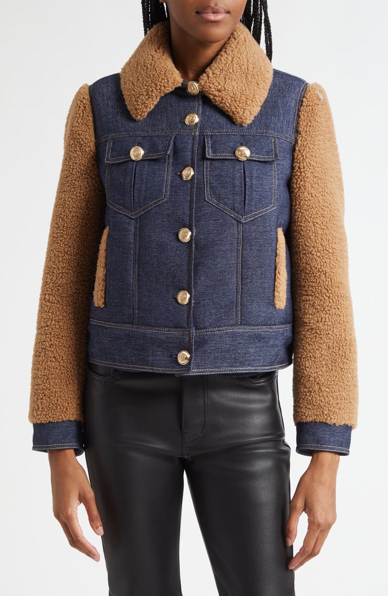 Cinq à Sept Belinda Faux Shearling & Denim Mixed Media Jacket, Main, color, Brown Sandstone