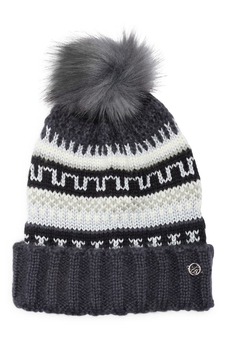 Fair Isle Beanie with Faux Fur Pompom, Main, color, BLACK