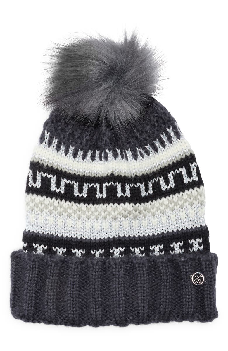 Ted Baker London Fair Isle Beanie with Faux Fur Pompom, Main, color, Black