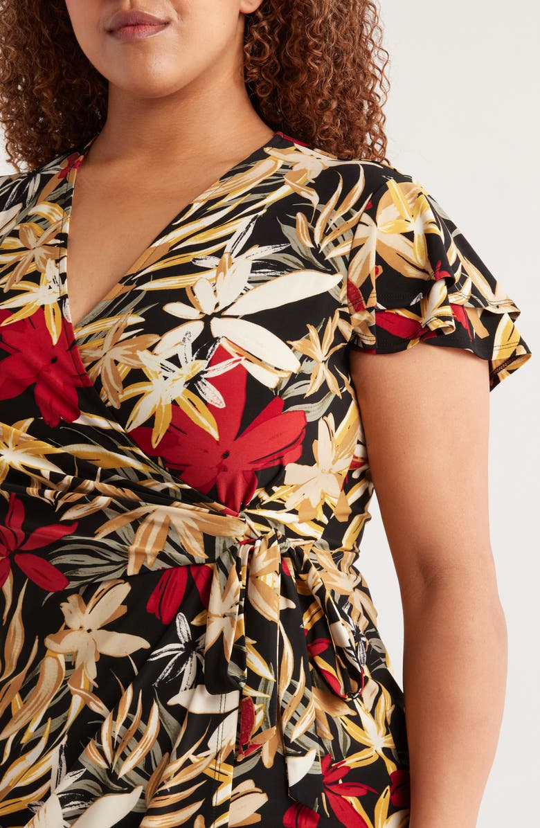 Anne Klein Floral Print Flutter Sleeve Faux Wrap Dress, Alternate, color, 