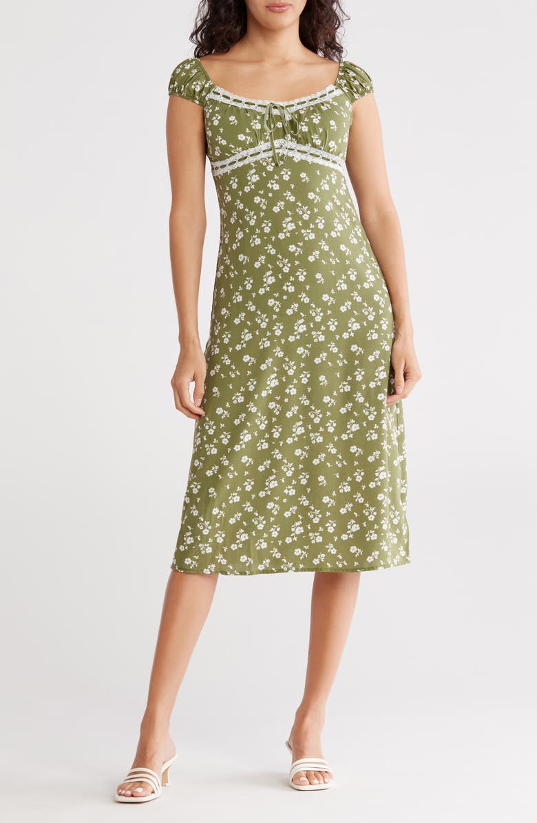 Madden Girl Puff Sleeve Lace Trim Midi Dress, Main, color,