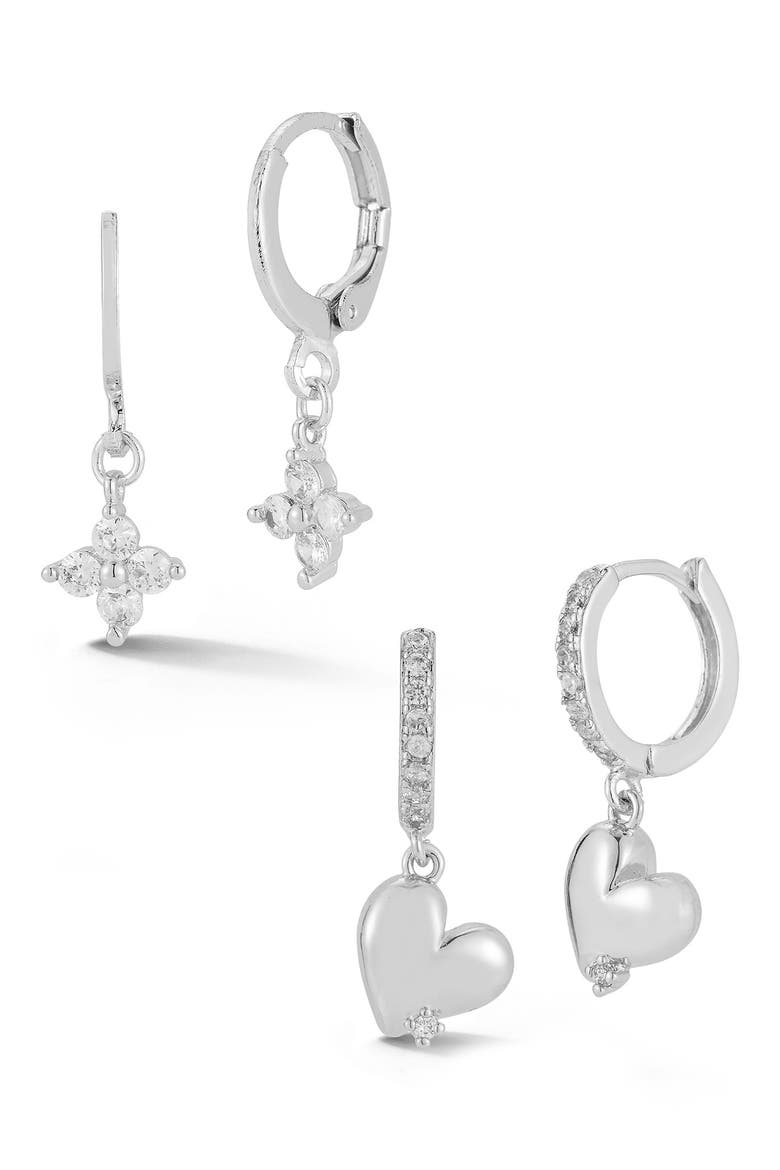 Set of 2 Cubic Zirconia Clover & Heart Drop Huggie Hoop Earrings, Main, color, SILVER