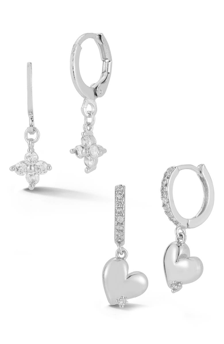 GLAZE JEWELRY Set of 2 Cubic Zirconia Clover & Heart Drop Huggie Hoop Earrings, Main, color, Silver