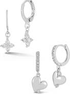 GLAZE JEWELRY Set of 2 Cubic Zirconia Clover & Heart Drop Huggie Hoop Earrings