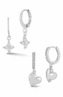GLAZE JEWELRY Set of 2 Cubic Zirconia Clover & Heart Drop Huggie Hoop Earrings