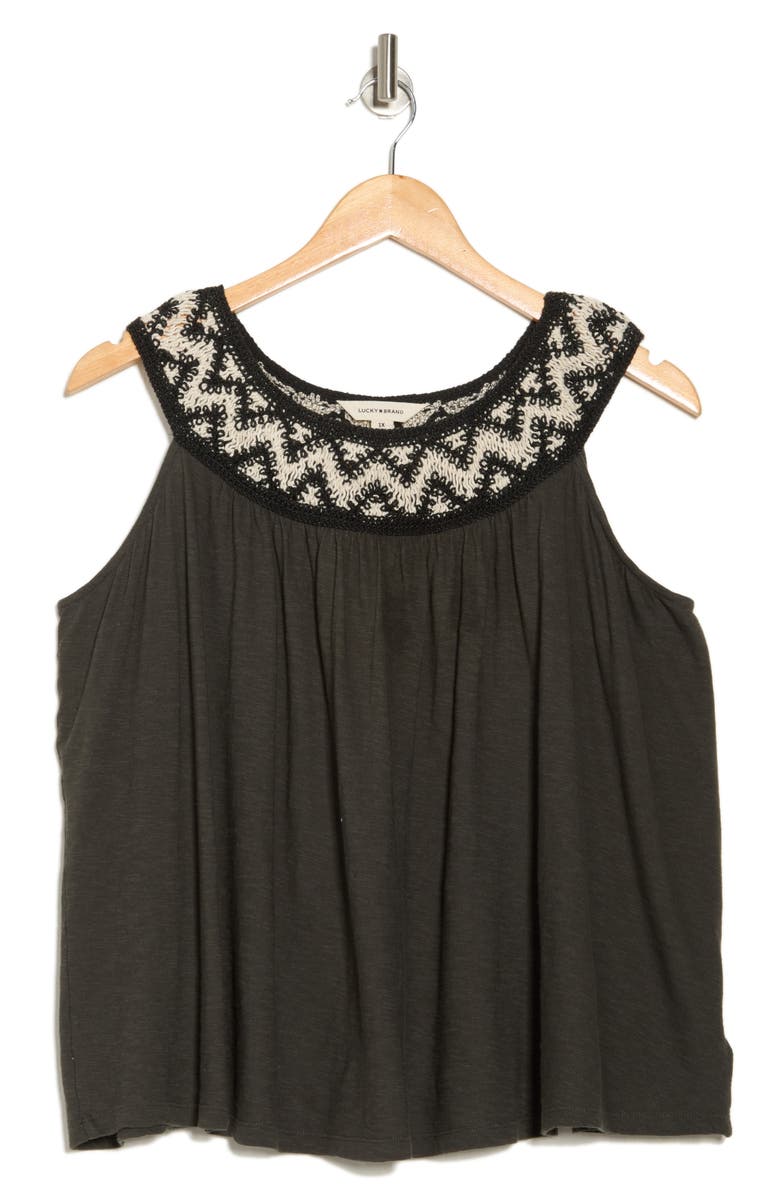Lucky Brand Embroidered Round Neck Tank, Alternate, color, Raven