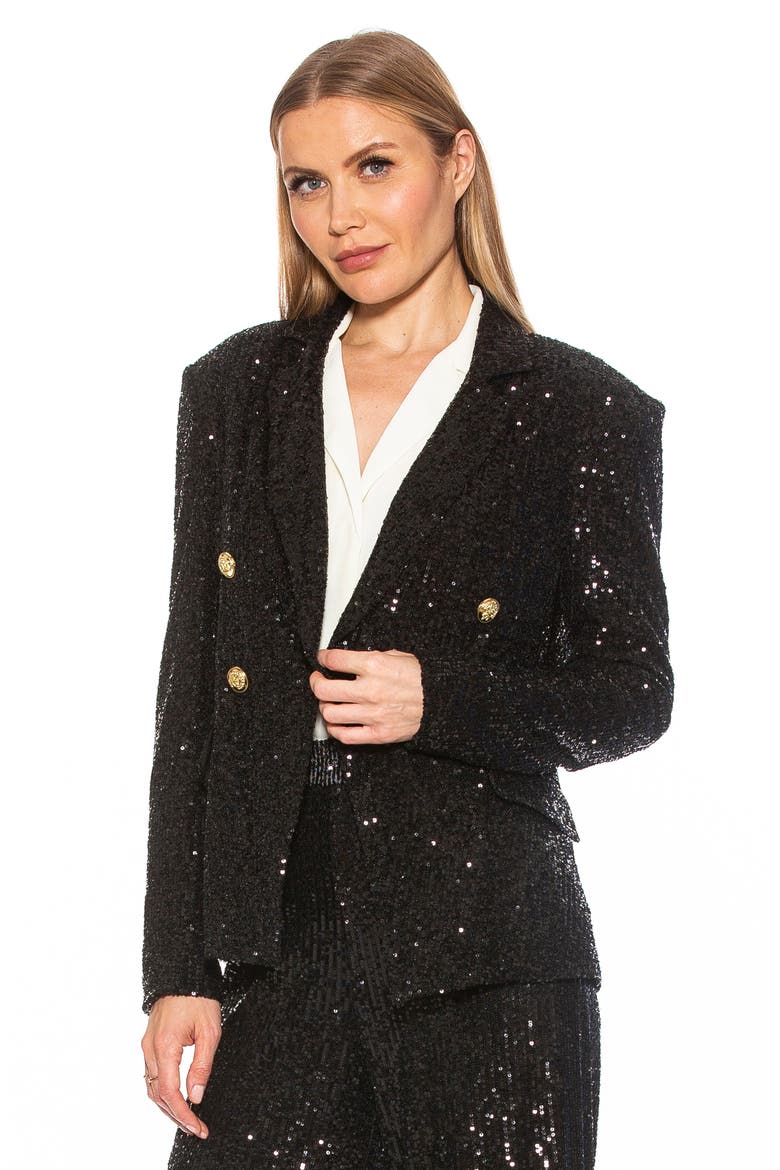 Abbi Longline Double Breasted Sequin Blazer, Alternate, color, BLACK
