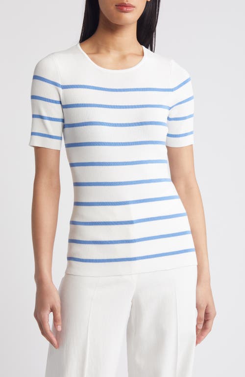 Tahari ASL Stripe Short Sleeve Sweater in Ivory Summer Sky 