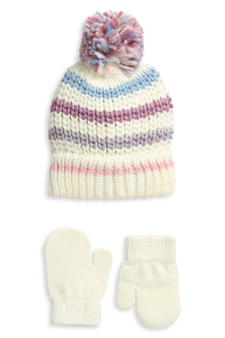 Pompom Beanie & Mittens Set, Main, color, COOL COMBO 2